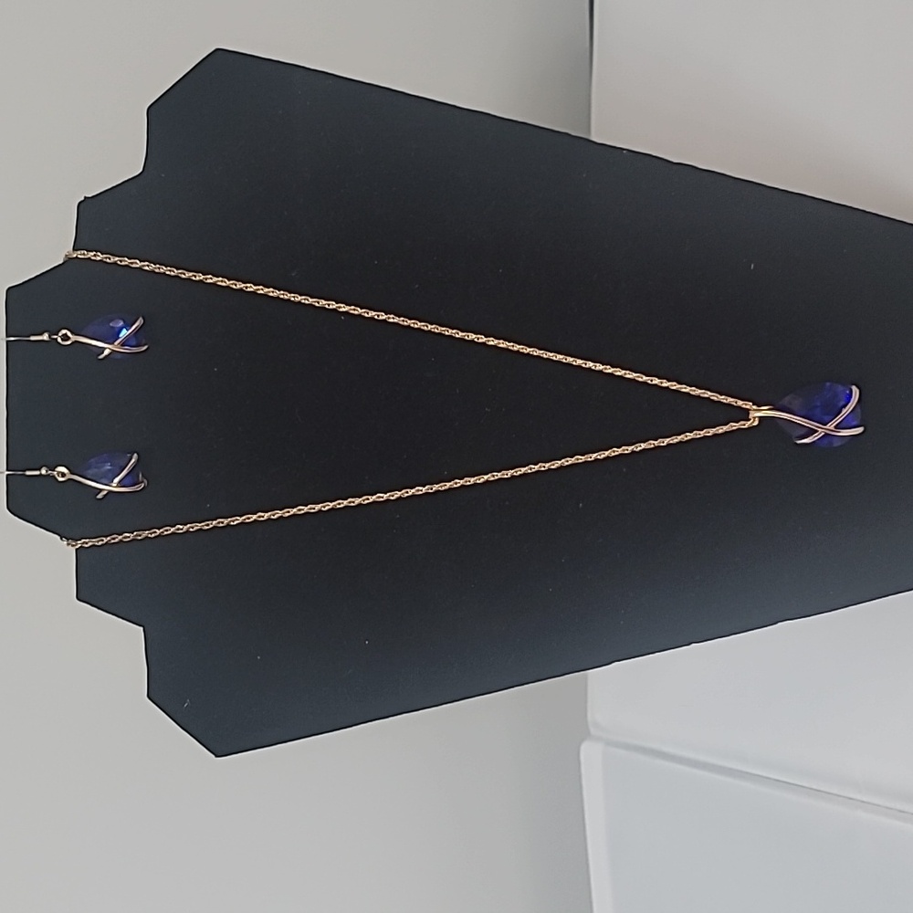 Fashion Blue Teardrop Pendant Necklace & Earring Set - Alloy & Titanium Steel - Picture 8 of 13